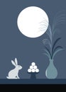 Moon viewing event illustration. Full moon and rabbit, silver grass or pampas grass and japanese dang