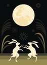 Moon viewing event illustration. Mid-autumn festival banner . Full moon and rabbits, stylized silver grass