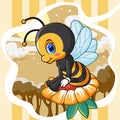 Cartoon bee sitting on a flower isolated on a night view background Royalty Free Stock Photo