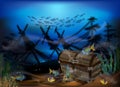 Underwater background sunken ship and chest box. vector