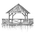 Hand-drawn sketch of wooden gazebo or pergola on the water in black isolated on white background.