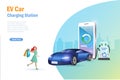 EV car, Woman shopping while waiting electric vehicle charging battery at station with smart phone status. Sustainable clean energ