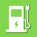 Green eco electric fuel pump icon, Charging point station for hybrid vehicles cars square sign, isolated on green background. Royalty Free Stock Photo