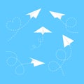 Paper white airplanes with line dotted route set.