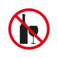 No alcohol sign. Stop drink symbol. Bottle and glass of wine silhouette in red circle.