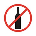 No alcohol sign. Stop drink symbol. Bottle of wine silhouette in red circle.