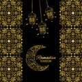 Ramadan Kareem with gold moon decorative. Muslim holy month Ramadan celebration.
