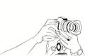 draw a photographic hand illustration with a camera, black and white Royalty Free Stock Photo