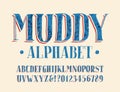 Muddy alphabet font. Colorful hand drawn messy letters and numbers.
