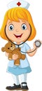 Cartoon little girl playing doctor with teddy bear toy and stethoscope Royalty Free Stock Photo