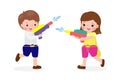 Songkran festival young couple holding water gun enjoy splashing water Thailand Traditional New Year`s Day Vector Illustration Royalty Free Stock Photo