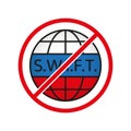 Round red no symbol with the flag of Russia. SWIFT sign.