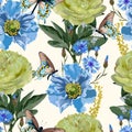 Seamless pattern with yellow blue flowers of traditional Ukraine colors on a white background with sequins. Royalty Free Stock Photo