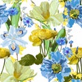 Seamless pattern with yellow blue flowers of traditional Ukraine colors on a white background with sequins. Royalty Free Stock Photo