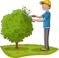 Cartoon gardener pruning a tree.