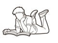 A Man Laying Down and Reading Book People Learning Cartoon Graphic Vector