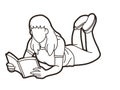 A Woman Laying Down and Reading Book People Learning Cartoon Graphic Vector