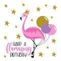 Have a flamazing Birthday - cute flamingo in crown, and balloons. Royalty Free Stock Photo