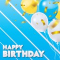 Happy Birthday Greeting Card with Balloons and Gold Confetti on Blue Background Royalty Free Stock Photo