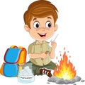 Cartoon scout boy roasting a marshmallow