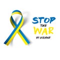 Ukraine ribbon flag. Mourning ribbon flag with Stop the war in Ukraine inscription. Vector illustration.