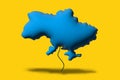 Ukraine territory 3d shape in blue color over yellow background.