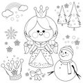 Beautiful snow princess and snowman. Vector black and white coloring page