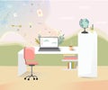 Workplace illustration cute cozy room pleace with laptop creative fantasy Royalty Free Stock Photo