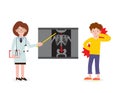 Doctor explaining the results of a CT scan of the spine to his man patient suffering with low back pain, Vector flat icon cartoon Royalty Free Stock Photo