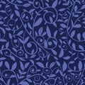 Beautiful very peri swirly leaves seamless pattern on dark blue background.