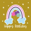 Happy Birthday - rainbow with balloons isolated on gold background.