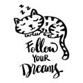 Follow your dreams with cute cat sleep. Poster quote.