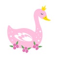 Cute pink swan in a crown with flowers. Baby animals theme for nursery room, posters etc. Baby shower girl. Royalty Free Stock Photo