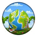 Cartoon earth with stairs and paint in circular frame Royalty Free Stock Photo