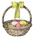 Watercolor Hand Drawn Easter Basket With Colored Eggs And Silk Bow Illustration Royalty Free Stock Photo