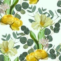 Flowers of Spring daffodils, roses, Eucalyptus and tulips on a white background. Royalty Free Stock Photo