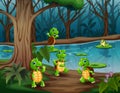 Cute cartoon turtles and frogs playing in the river