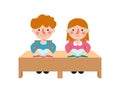 Back to school Primary school cute Caucasian pupils sit at desk, Elementary education, children reading book, Kids getting