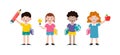 Set of school kids with school supplies, preschoolers children teenagers characters in different poses and Pupils with books