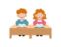 Back to school Primary school cute Caucasian pupils sit at desk, Elementary education, children reading book, Kids getting