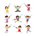 Set of kids holding water gun and jumping enjoy splashing water in Songkran festival Thailand Traditional New Year`s Day Vector Royalty Free Stock Photo