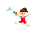 Songkran festival kids holding water gun and jumping enjoy splashing water in Songkran Thailand Traditional New Year`s Day Vector Royalty Free Stock Photo