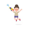 Songkran festival kids holding water gun and jumping enjoy splashing water in Songkran Thailand Traditional New Year`s Day Vector Royalty Free Stock Photo