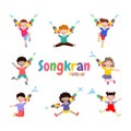 Set of kids holding water gun and jumping enjoy splashing water in Songkran festival Thailand Traditional New Year`s Day Vector Royalty Free Stock Photo