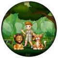 Forest scene with safari boy and animals in circular frame Royalty Free Stock Photo
