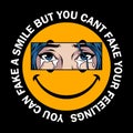 Vector illustration crying girl eyes on smiley emoji background