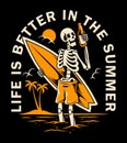 Vector illustration skeleton holding a surf board