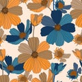 Cosmos flower seamless pattern illustration. Floral seamless pattern blue brown cosmos flowers on beige background. Royalty Free Stock Photo