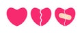 Set Of Cartoon heart, broken heart and crack fixed with bandage. Simple flat vector style clip art Breakup and heartbreak symbol