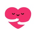 Cute Cartoon Heart Character Hug. Icon Kawaii heart with hugging arms. Love yourself, Self care and happiness isolated on white